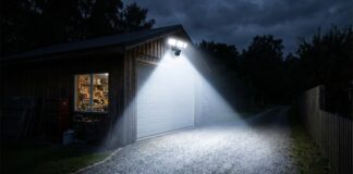 Security Flood Lights with Camera: 2026 Ultimate Guide A bright security flood light with camera illuminating a dark driveway and workshop at night