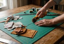 Best Self Healing Cutting Mat 2026: DIY Guide & Reviews A crafter's hands using a rotary cutter on a large green grid-lined self healing cutting mat over a wooden dining table.
