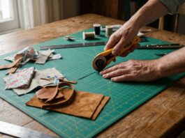 Best Self Healing Cutting Mat 2026: DIY Guide & Reviews A crafter's hands using a rotary cutter on a large green grid-lined self healing cutting mat over a wooden dining table.