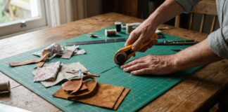 Best Self Healing Cutting Mat 2026: DIY Guide & Reviews A crafter's hands using a rotary cutter on a large green grid-lined self healing cutting mat over a wooden dining table.