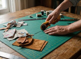 Best Self Healing Cutting Mat 2026: DIY Guide & Reviews A crafter's hands using a rotary cutter on a large green grid-lined self healing cutting mat over a wooden dining table.