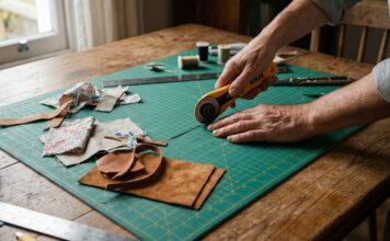 Best Self Healing Cutting Mat 2026: DIY Guide & Reviews A crafter's hands using a rotary cutter on a large green grid-lined self healing cutting mat over a wooden dining table.