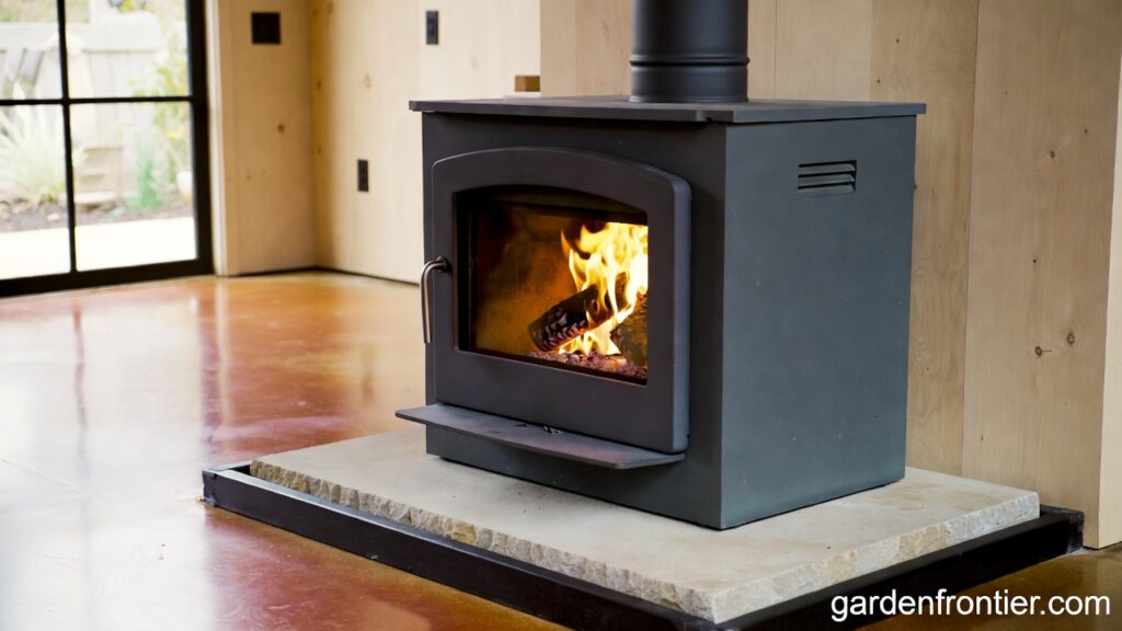 A freestanding soapstone wood stove radiating heat in a modern farmhouse living room.