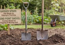 Spade vs Shovel: What’s the Difference and Which Tool Do You Need? Garden spade and round point shovel side by side in soil