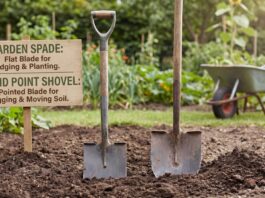 Spade vs Shovel: What’s the Difference and Which Tool Do You Need? Garden spade and round point shovel side by side in soil