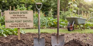 Spade vs Shovel: What’s the Difference and Which Tool Do You Need? Garden spade and round point shovel side by side in soil