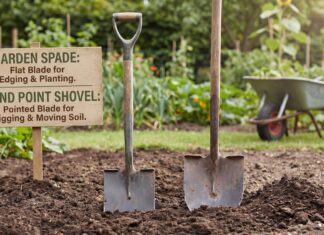 Spade vs Shovel: What’s the Difference and Which Tool Do You Need? Garden spade and round point shovel side by side in soil