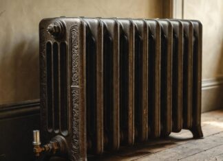 Steam Radiator Guide: How to Fix Cold & Banging Pipes A classic cast iron steam radiator against a wall in an older historic home.