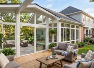 Sunroom Addition Cost (2026): Complete Expert Breakdown & Real Examples A beautiful, newly built 4-season sunroom addition attached to a suburban home with large glass windows