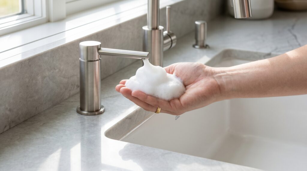 A luxury stainless steel under counter foaming soap dispenser pumping foam soap next to a modern kitchen sink A luxury stainless steel under counter foaming soap dispenser pumping foam soap next to a modern kitchen sink