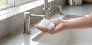 Top Soap Foamer Dispensers (2026 Under-Counter & Auto) A luxury stainless steel under counter foaming soap dispenser pumping foam soap next to a modern kitchen sink