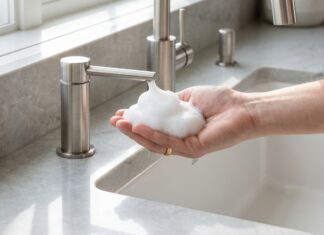 Top Soap Foamer Dispensers (2026 Under-Counter & Auto) A luxury stainless steel under counter foaming soap dispenser pumping foam soap next to a modern kitchen sink