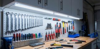 Best Under Cabinet Lighting for Workshops & Garages A bright workbench illuminated by cool under cabinet lighting showing tools clearly without shadows.