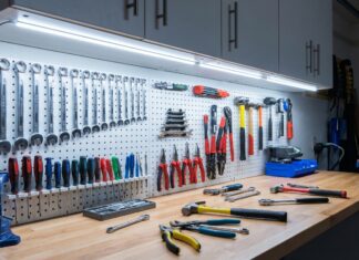 Best Under Cabinet Lighting for Workshops & Garages A bright workbench illuminated by cool under cabinet lighting showing tools clearly without shadows.