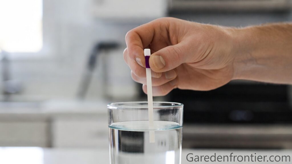 A person dipping a water hardness test strip into a glass of tap water to check for hard water. A person dipping a water hardness test strip into a glass of tap water to check for hard water.