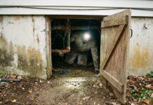 Water in Crawl Space (2026): Repair Cost & Who to Call A home inspector with a headlamp examining a damp crawl space for water damage and standing water issues