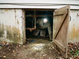 Water in Crawl Space (2026): Repair Cost & Who to Call A home inspector with a headlamp examining a damp crawl space for water damage and standing water issues