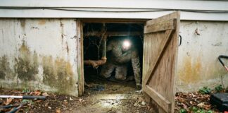 Water in Crawl Space (2026): Repair Cost & Who to Call A home inspector with a headlamp examining a damp crawl space for water damage and standing water issues
