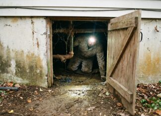 Water in Crawl Space (2026): Repair Cost & Who to Call A home inspector with a headlamp examining a damp crawl space for water damage and standing water issues
