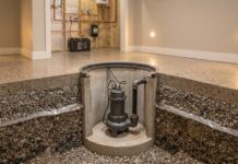 Sump Pumps Explained: What They Do & Which to Buy (2026) A heavy-duty submersible sump pump installed in a basement concrete pit.