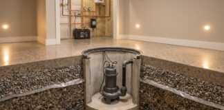 Sump Pumps Explained: What They Do & Which to Buy (2026) A heavy-duty submersible sump pump installed in a basement concrete pit.
