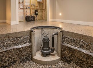Sump Pumps Explained: What They Do & Which to Buy (2026) A heavy-duty submersible sump pump installed in a basement concrete pit.