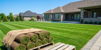 Zoysia Grass Cultivars & Care Guide: Empire, Palisades & Beyond A pallet of fresh Zoysia sod ready for installation on a pristine suburban lawn