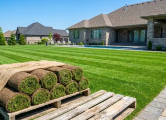 Zoysia Grass Cultivars & Care Guide: Empire, Palisades & Beyond A pallet of fresh Zoysia sod ready for installation on a pristine suburban lawn