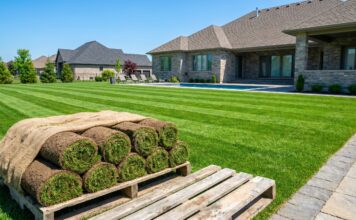 Zoysia Grass Cultivars & Care Guide: Empire, Palisades & Beyond A pallet of fresh Zoysia sod ready for installation on a pristine suburban lawn