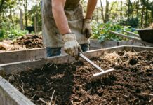 Best Hand Rakes for Gardening: The Ultimate Guide to Choosing the Right Hand Rake for Your Garden (2026) Gardener using a hand rake in a raised garden bed for soil leveling and mulch spreading