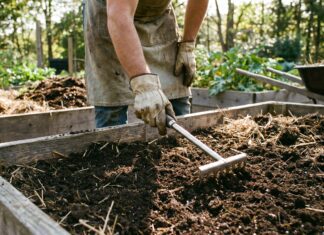 Best Hand Rakes for Gardening: The Ultimate Guide to Choosing the Right Hand Rake for Your Garden (2026) Gardener using a hand rake in a raised garden bed for soil leveling and mulch spreading