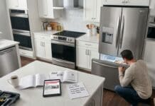 Frigidaire Gallery Troubleshooting Guide: Ice Maker, Filter, Dishwasher & Oven Fixes Frigidaire Gallery stainless steel refrigerator dishwasher and range in a modern kitchen