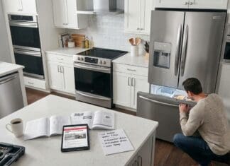 Frigidaire Gallery Troubleshooting Guide: Ice Maker, Filter, Dishwasher & Oven Fixes Frigidaire Gallery stainless steel refrigerator dishwasher and range in a modern kitchen