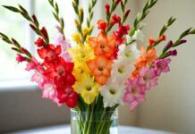 Gladiolus Flower Meaning: Symbolism, Colors, August Birth Flower & Gift Guide Colorful gladiolus bouquet in a glass vase representing strength, love, and August birth flower symbolism
