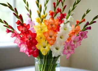 Gladiolus Flower Meaning: Symbolism, Colors, August Birth Flower & Gift Guide Colorful gladiolus bouquet in a glass vase representing strength, love, and August birth flower symbolism