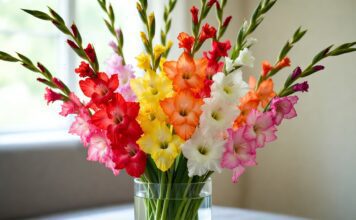 Gladiolus Flower Meaning: Symbolism, Colors, August Birth Flower & Gift Guide Colorful gladiolus bouquet in a glass vase representing strength, love, and August birth flower symbolism