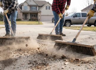 The Best Outdoor Push Brooms for Patios, Concrete & Garages Heavy-duty outdoor push brooms cleaning a concrete driveway