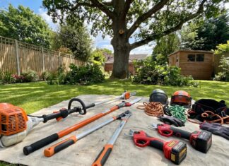 Best Tree Trimming Tools for Homeowners: Safe, Powerful, and Worth Buying Professional tree trimming tools including pole saws, loppers, and electric pruners in a backyard