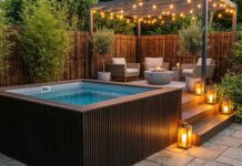 Above Ground Swimming Pools for Small Backyards: 5 Smart Space-Saving Ideas Backyard spa area with a square, raised hot tub on a wooden deck, string lights, and a cozy seating nook under a pergola-like structure.