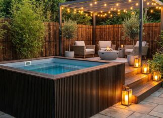 Above Ground Swimming Pools for Small Backyards: 5 Smart Space-Saving Ideas Backyard spa area with a square, raised hot tub on a wooden deck, string lights, and a cozy seating nook under a pergola-like structure.
