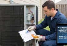 AC Compressor Humming But Not Starting? Causes & When to Call HVAC Help HVAC technician diagnosing an outdoor AC unit that hums but does not start