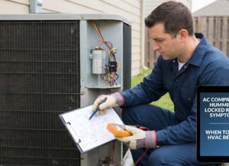 AC Compressor Humming But Not Starting? Causes & When to Call HVAC Help HVAC technician diagnosing an outdoor AC unit that hums but does not start