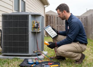 AC Compressor Not Turning On? 10 Causes, Safe Checks & When to Call HVAC Help HVAC technician checking an outdoor AC unit when the compressor is not turning on