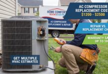 AC Compressor Replacement Cost: Repair vs Replace Guide HVAC technician replacing an air conditioner compressor in an outdoor condenser unit