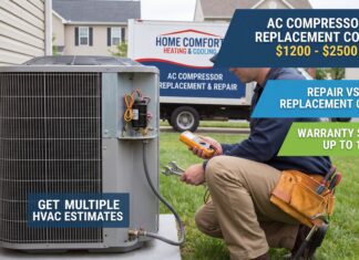 AC Compressor Replacement Cost: Repair vs Replace Guide HVAC technician replacing an air conditioner compressor in an outdoor condenser unit