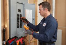 AC Compressor Trips Breaker? Causes, Dangers & When to Call HVAC Help Electrician in safety glasses testing a breaker panel with a multimeter in a utility room, wearing a blue uniform and gloves, with tools nearby