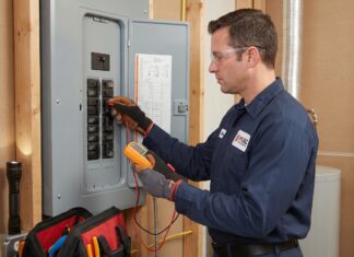 AC Compressor Trips Breaker? Causes, Dangers & When to Call HVAC Help Electrician in safety glasses testing a breaker panel with a multimeter in a utility room, wearing a blue uniform and gloves, with tools nearby