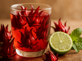 Hibiscus Tea Benefits: Roselle Science, Brewing, Safety & Growing Guide Glass of bright red hibiscus tea with roselle petals floating inside, lime half and fresh mint on a wooden surface nearby.