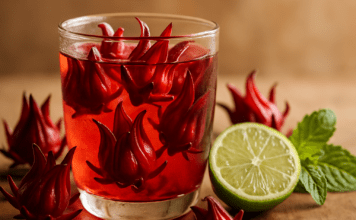Hibiscus Tea Benefits: Roselle Science, Brewing, Safety & Growing Guide Glass of bright red hibiscus tea with roselle petals floating inside, lime half and fresh mint on a wooden surface nearby.