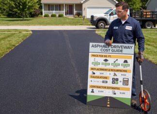 Asphalt Driveway Cost: 2026 Price Per Square Foot & Calculator Fresh black asphalt driveway in front of a suburban home